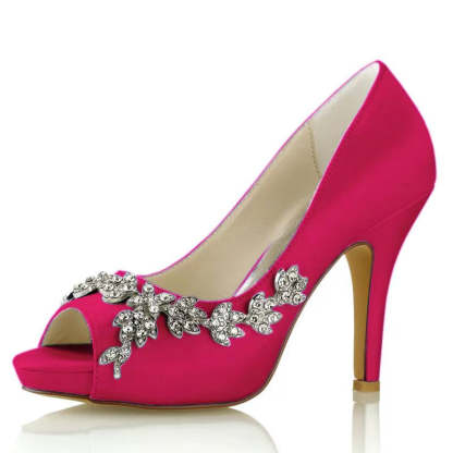 White Peep Toe High Heel Wedding Shoes for Women with Luxurious Rhinestone Details