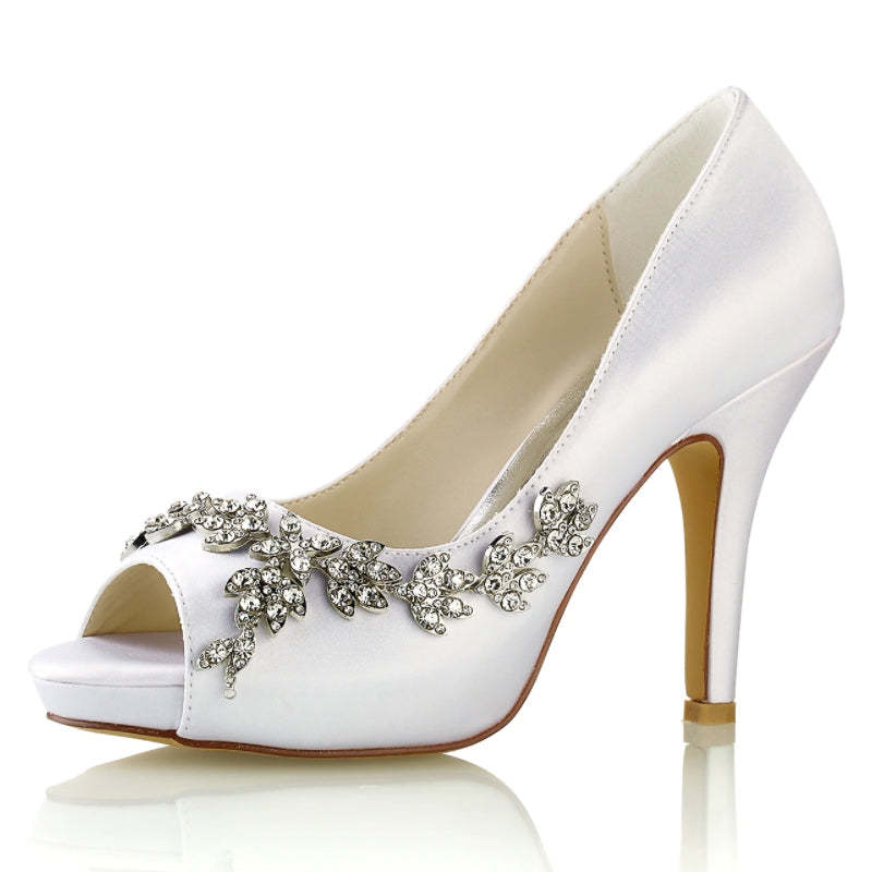White Peep Toe High Heel Wedding Shoes for Women with Luxurious Rhinestone Details