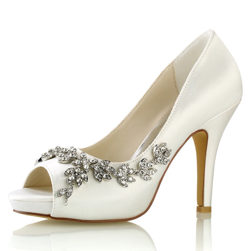 White Peep Toe High Heel Wedding Shoes for Women with Luxurious Rhinestone Details