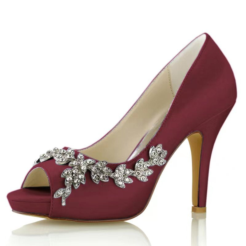 White Peep Toe High Heel Wedding Shoes for Women with Luxurious Rhinestone Details
