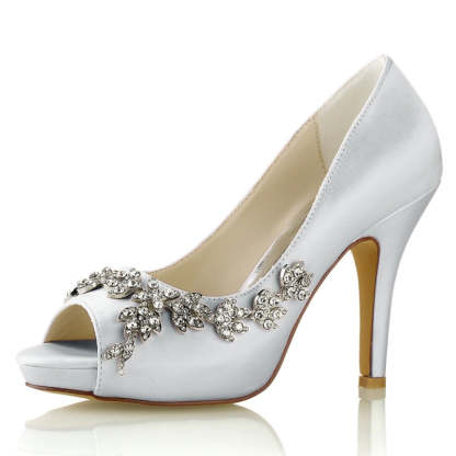 White Peep Toe High Heel Wedding Shoes for Women with Luxurious Rhinestone Details