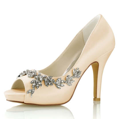 White Peep Toe High Heel Wedding Shoes for Women with Luxurious Rhinestone Details