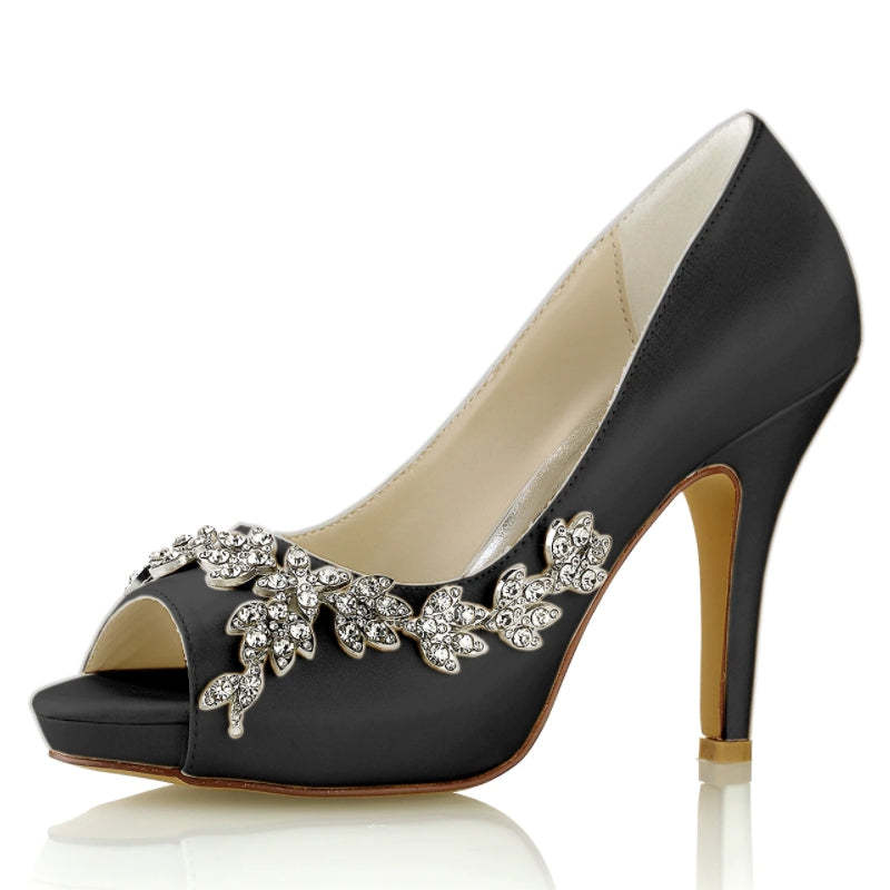 White Peep Toe High Heel Wedding Shoes for Women with Luxurious Rhinestone Details