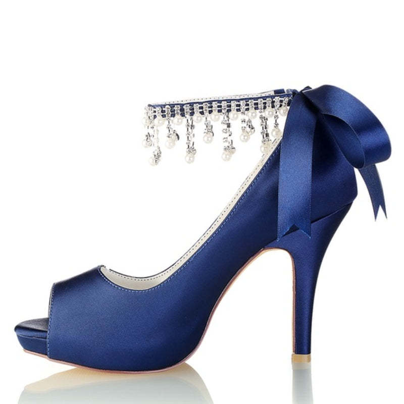 Bridal Shoes for Women with Peep Toe Thick Sole Buckle Pearl Tassel & Bow