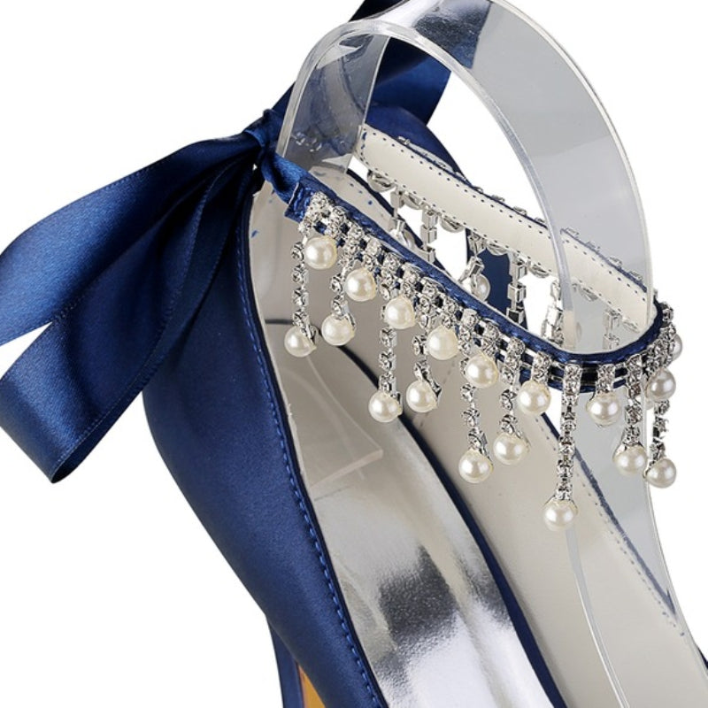 Bridal Shoes for Women with Peep Toe Thick Sole Buckle Pearl Tassel & Bow
