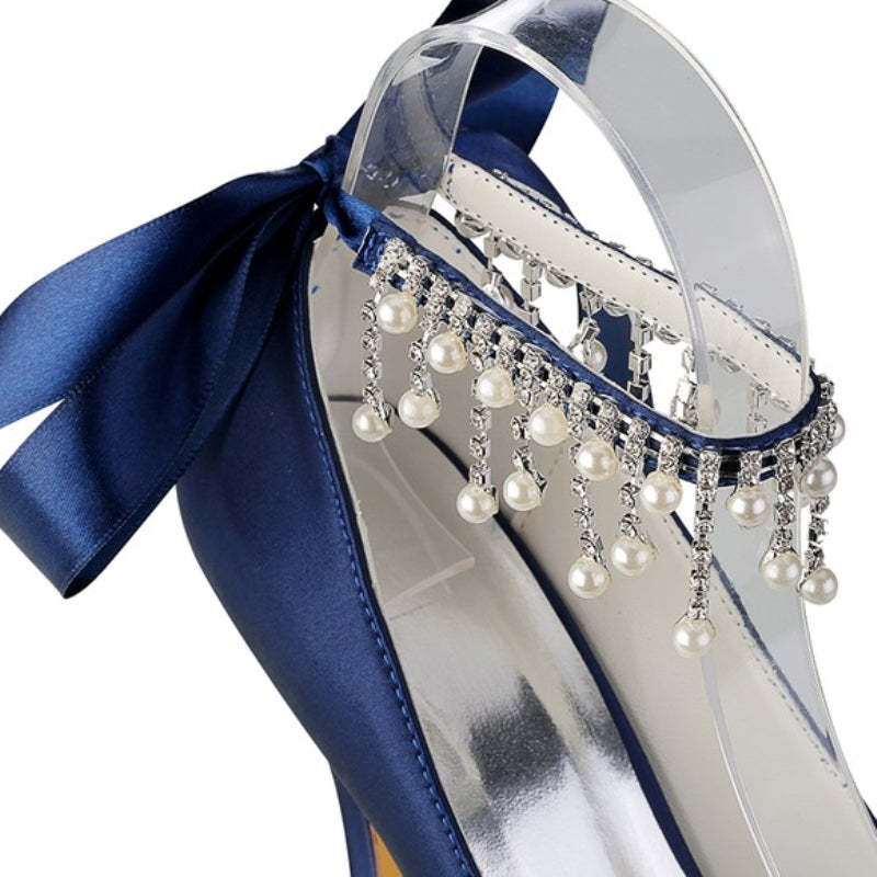 Bridal Shoes for Women with Peep Toe Thick Sole Buckle Pearl Tassel & Bow
