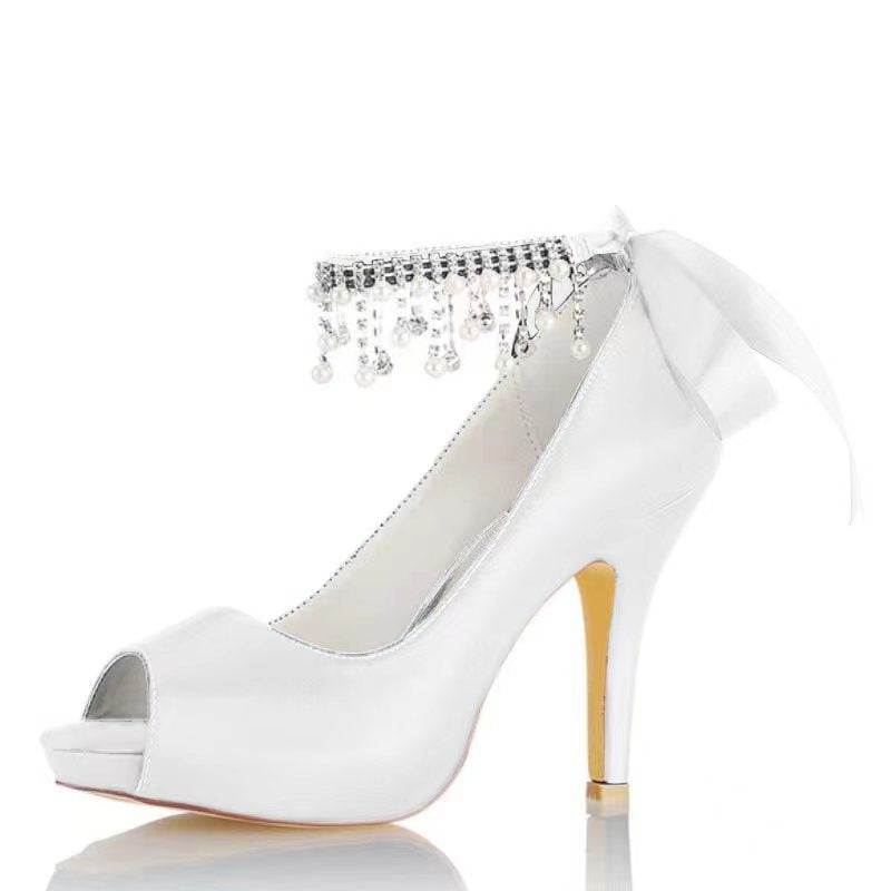 Bridal Shoes for Women with Peep Toe Thick Sole Buckle Pearl Tassel & Bow