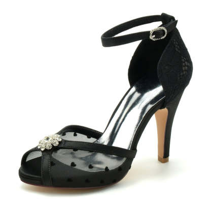 Bridal Peep Toe Lace Shoes for Women with Rhinestone Flower Buckle