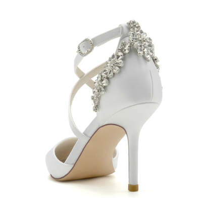 Bridal Shoes for Women with Pointed Toe High Heel Crossed Straps and Rhinestone Buckle
