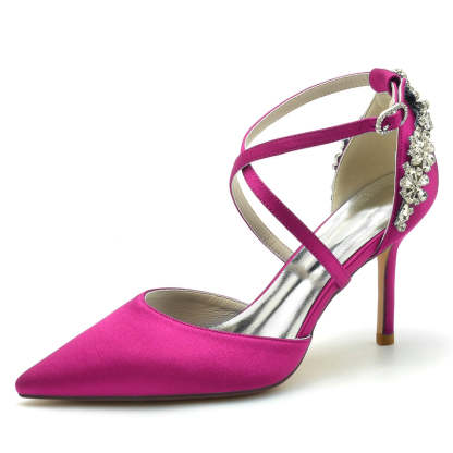 Bridal Shoes for Women with Pointed Toe High Heel Crossed Straps and Rhinestone Buckle