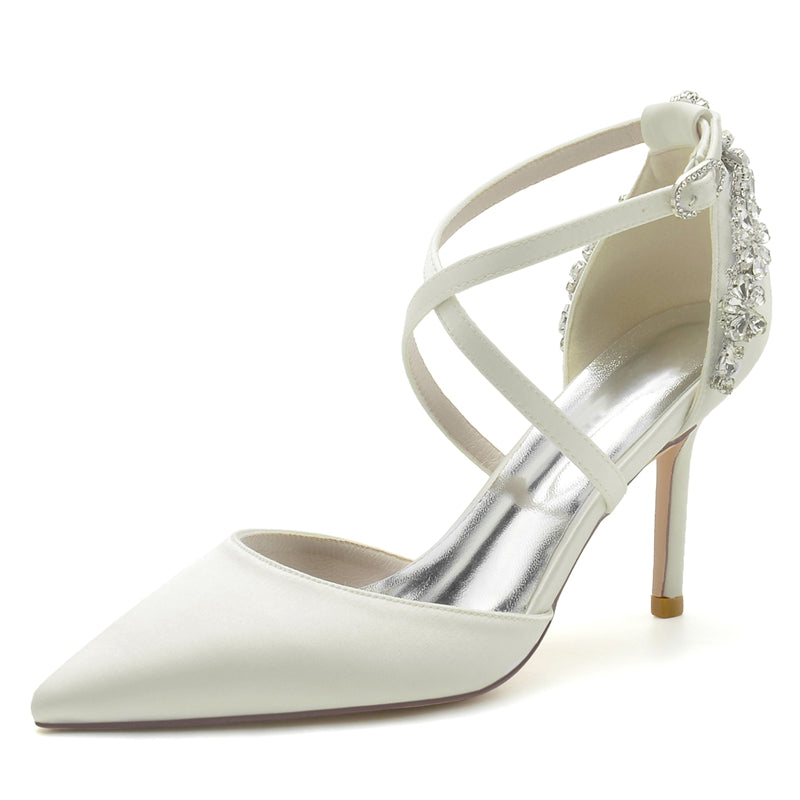 Bridal Shoes for Women with Pointed Toe High Heel Crossed Straps and Rhinestone Buckle