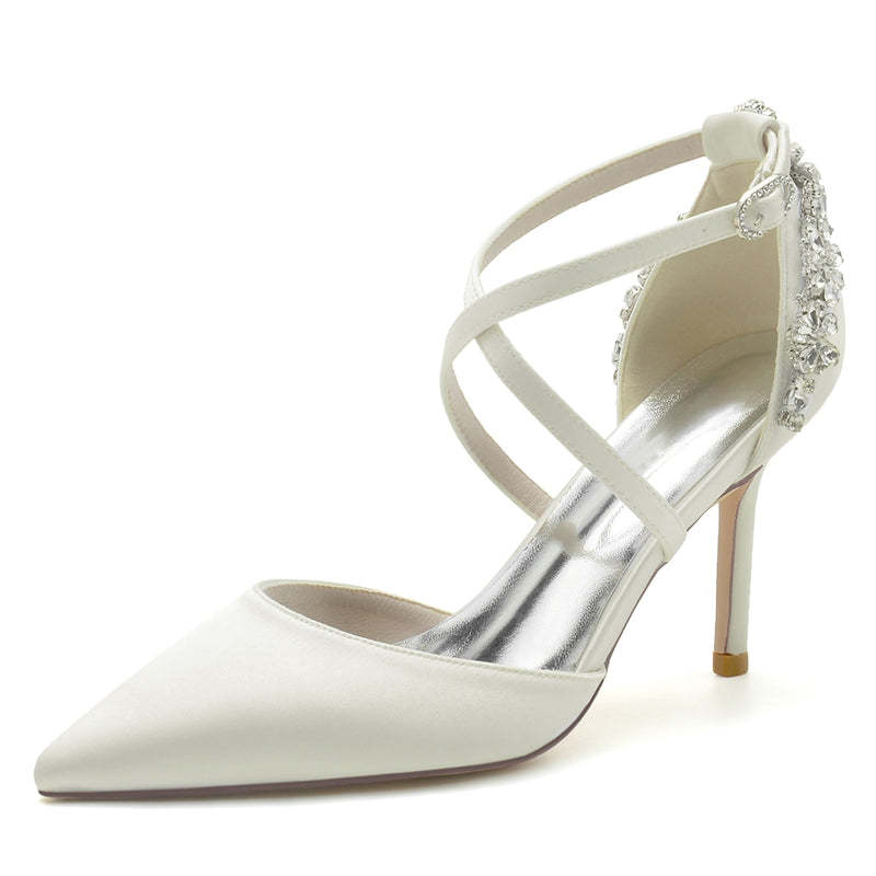 Bridal Shoes for Women with Pointed Toe High Heel Crossed Straps and Rhinestone Buckle