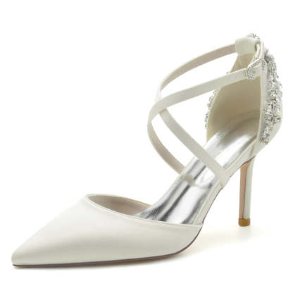 Bridal Shoes for Women with Pointed Toe High Heel Crossed Straps and Rhinestone Buckle