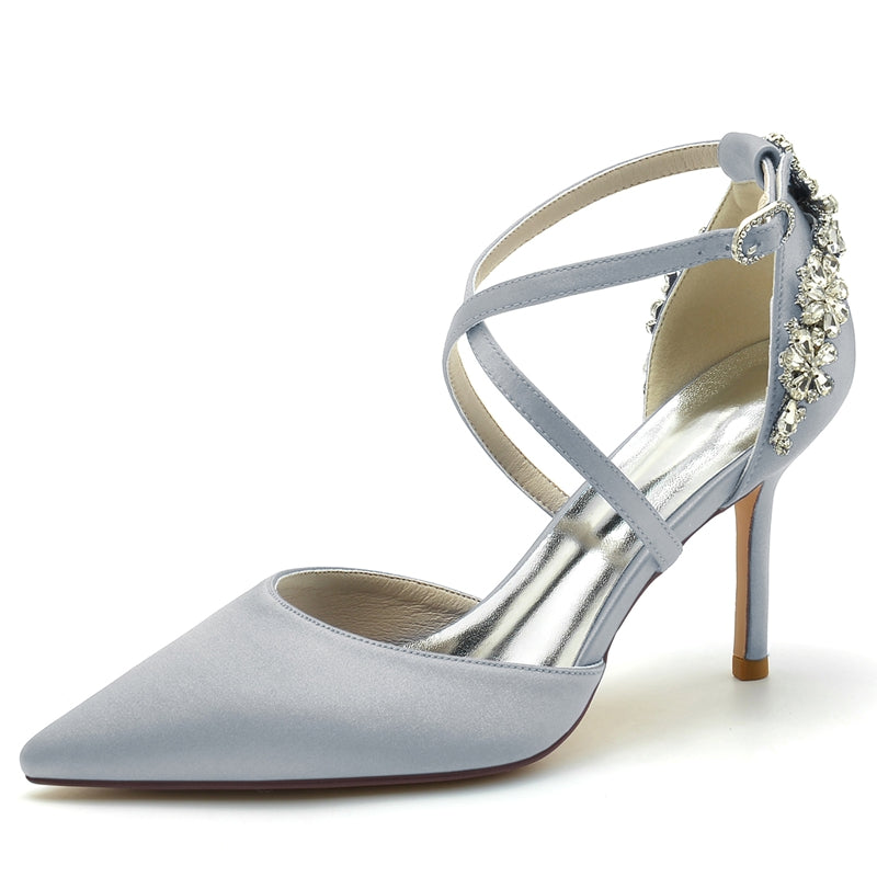 Bridal Shoes for Women with Pointed Toe High Heel Crossed Straps and Rhinestone Buckle