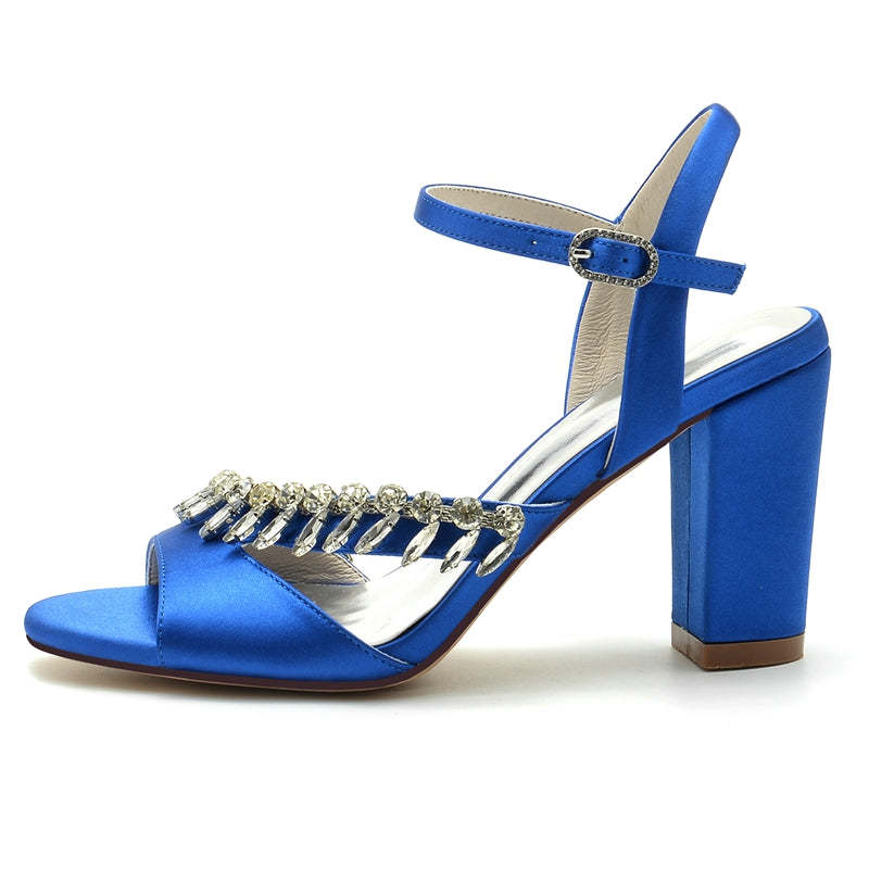 Bridal Shoes for Women with Rhinestone Straps Open Toe and Chunky Heel