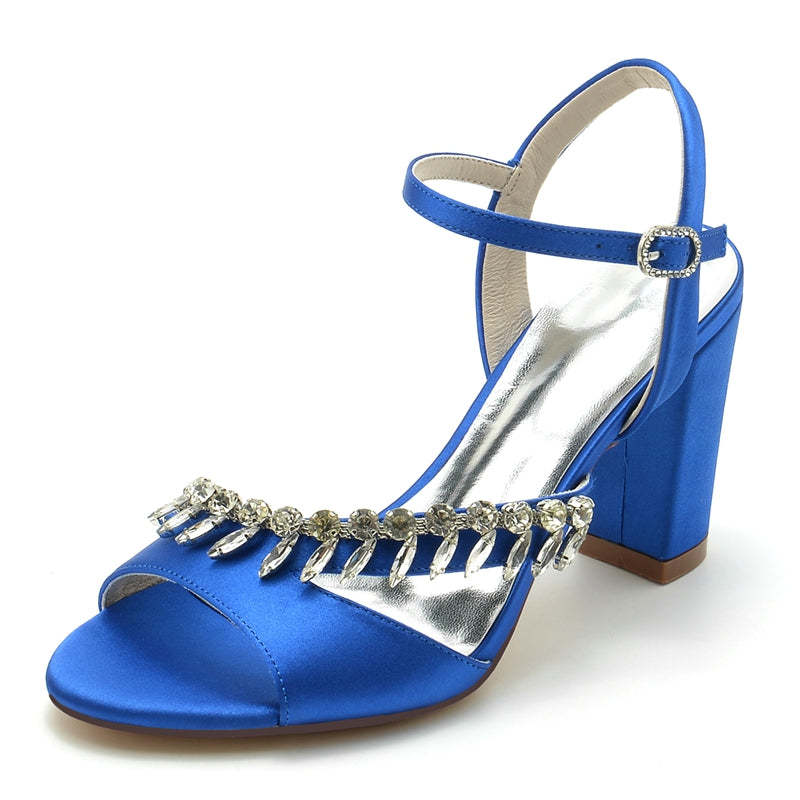 Bridal Shoes for Women with Rhinestone Straps Open Toe and Chunky Heel