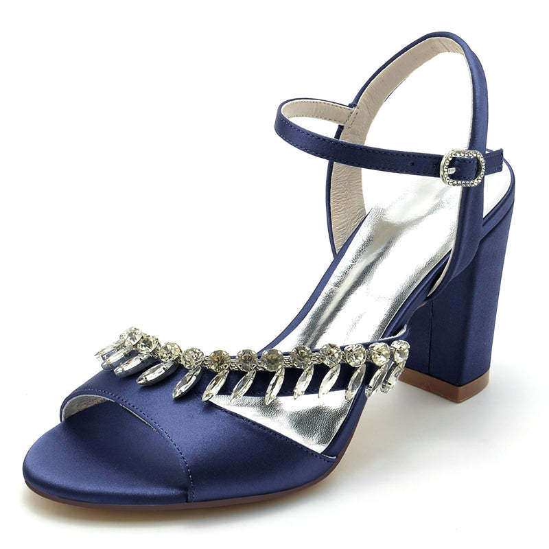 Bridal Shoes for Women with Rhinestone Straps Open Toe and Chunky Heel
