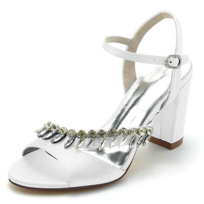 Bridal Shoes for Women with Rhinestone Straps Open Toe and Chunky Heel