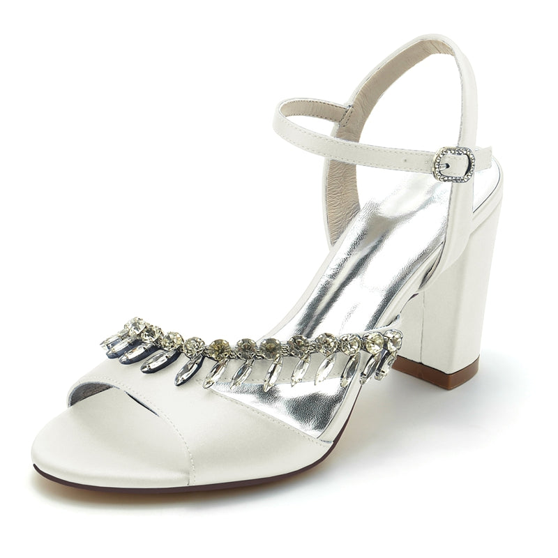 Bridal Shoes for Women with Rhinestone Straps Open Toe and Chunky Heel