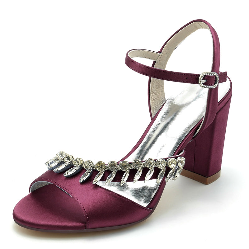 Bridal Shoes for Women with Rhinestone Straps Open Toe and Chunky Heel