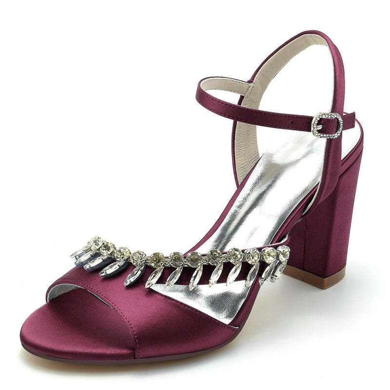 Bridal Shoes for Women with Rhinestone Straps Open Toe and Chunky Heel