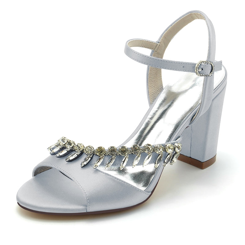 Bridal Shoes for Women with Rhinestone Straps Open Toe and Chunky Heel