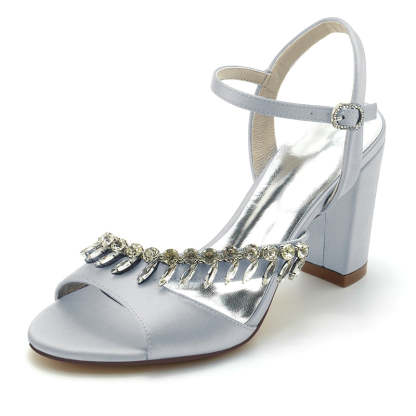 Bridal Shoes for Women with Rhinestone Straps Open Toe and Chunky Heel