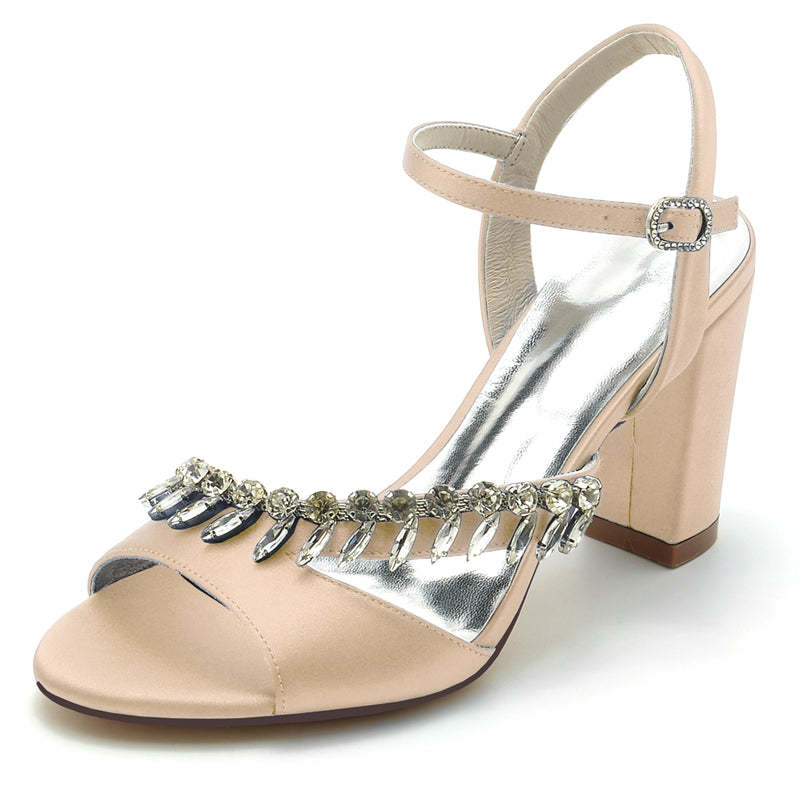 Bridal Shoes for Women with Rhinestone Straps Open Toe and Chunky Heel