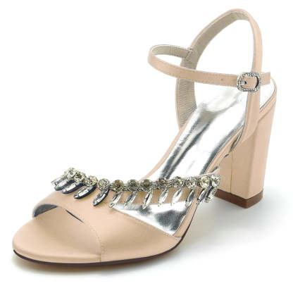 Bridal Shoes for Women with Rhinestone Straps Open Toe and Chunky Heel