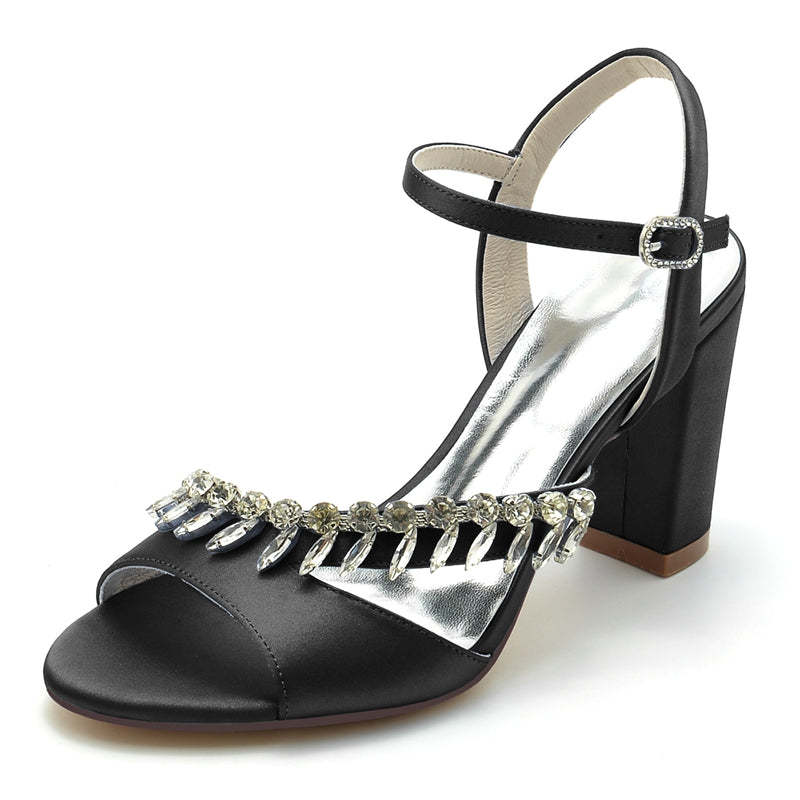 Bridal Shoes for Women with Rhinestone Straps Open Toe and Chunky Heel
