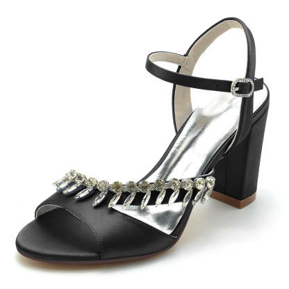 Bridal Shoes for Women with Rhinestone Straps Open Toe and Chunky Heel