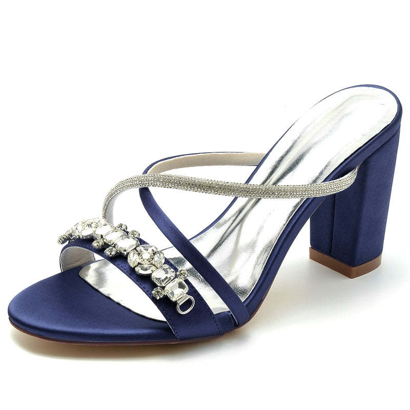 Bridal Slip-On Shoes for Women with Sparkling Rhinestones and Crossed Open-Toe Straps