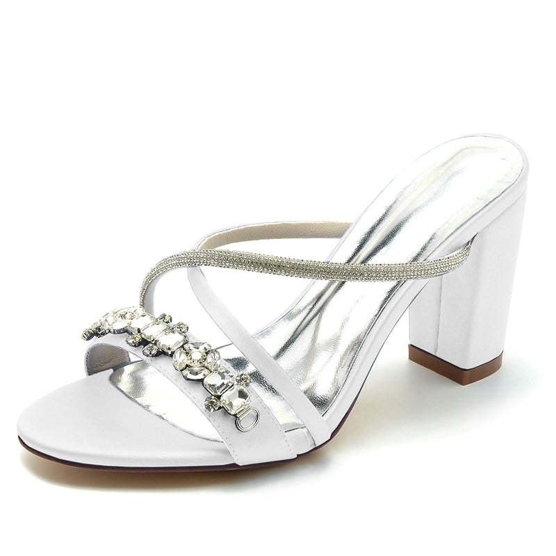 Bridal Slip-On Shoes for Women with Sparkling Rhinestones and Crossed Open-Toe Straps