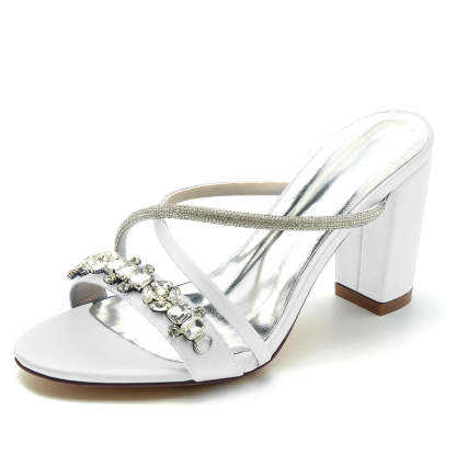 Bridal Slip-On Shoes for Women with Sparkling Rhinestones and Crossed Open-Toe Straps