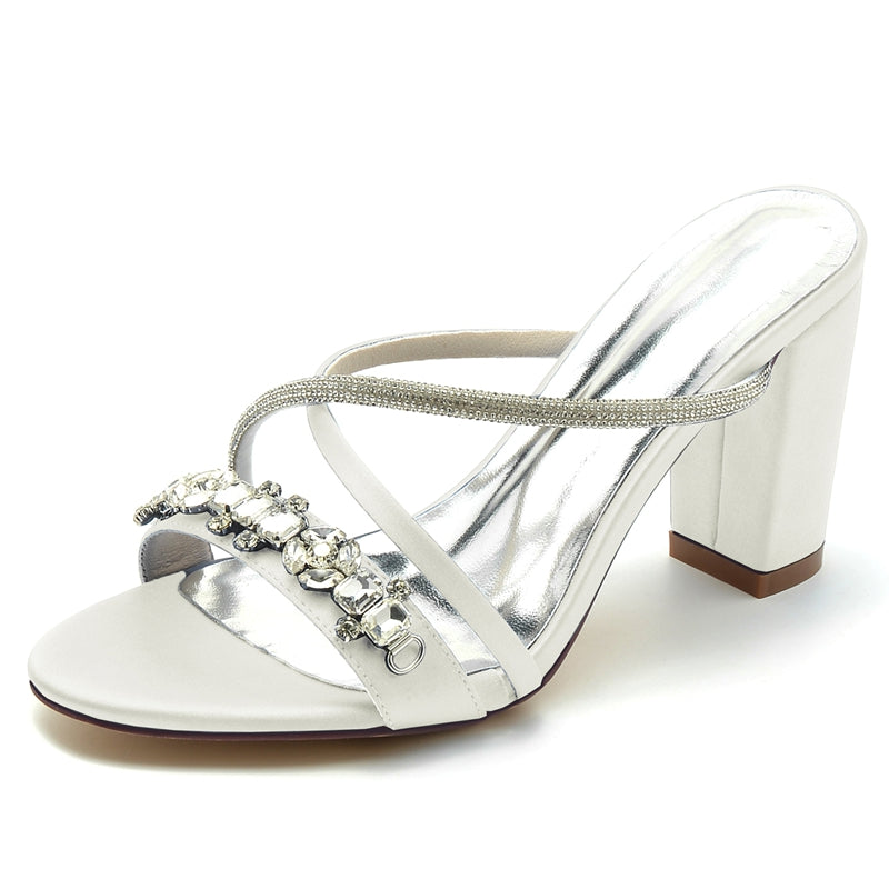 Bridal Slip-On Shoes for Women with Sparkling Rhinestones and Crossed Open-Toe Straps