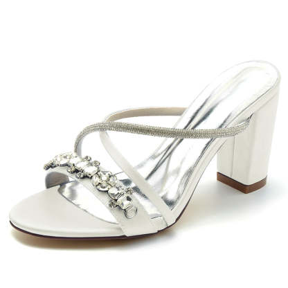 Bridal Slip-On Shoes for Women with Sparkling Rhinestones and Crossed Open-Toe Straps