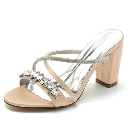 Bridal Slip-On Shoes for Women with Sparkling Rhinestones and Crossed Open-Toe Straps