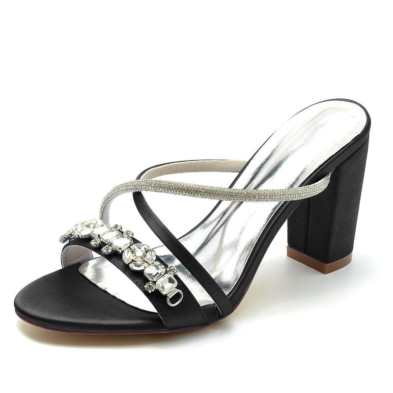 Bridal Slip-On Shoes for Women with Sparkling Rhinestones and Crossed Open-Toe Straps