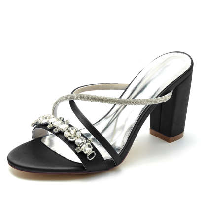 Bridal Slip-On Shoes for Women with Sparkling Rhinestones and Crossed Open-Toe Straps