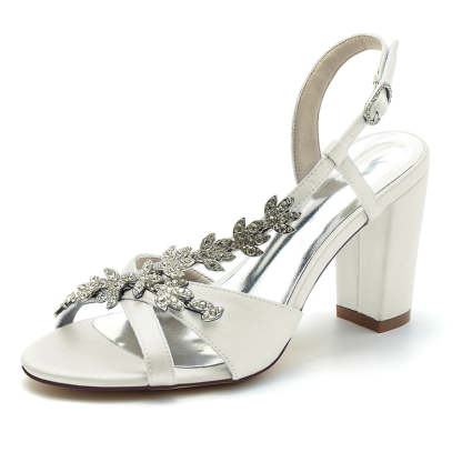 Elegant Bridal Shoes for Women with Opened Toe Block Heel and Rhinestone Leaves