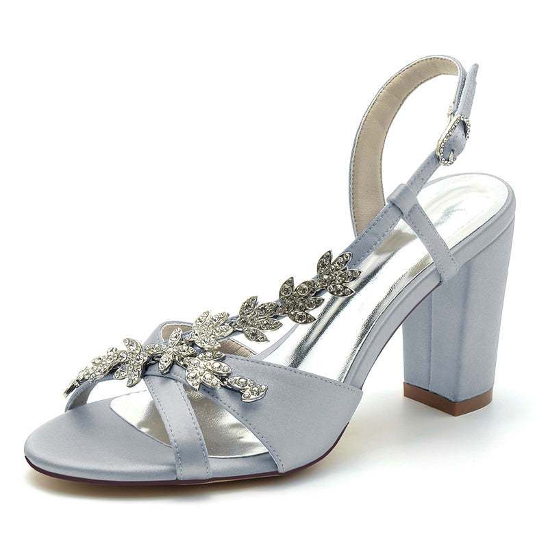 Elegant Bridal Shoes for Women with Opened Toe Block Heel and Rhinestone Leaves