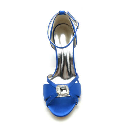 Royal Blue Square Rhinestone Bridal Shoes for Women with Open Toe and Block Heel