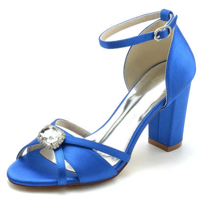 Royal Blue Square Rhinestone Bridal Shoes for Women with Open Toe and Block Heel