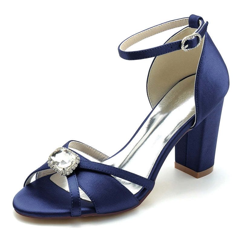 Royal Blue Square Rhinestone Bridal Shoes for Women with Open Toe and Block Heel