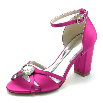 Royal Blue Square Rhinestone Bridal Shoes for Women with Open Toe and Block Heel