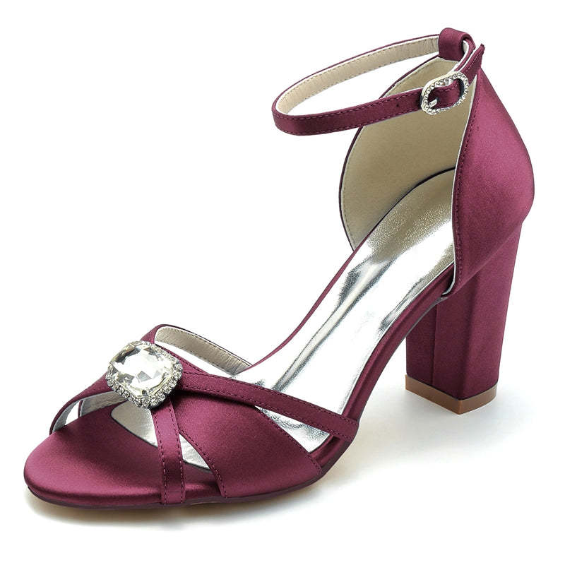 Royal Blue Square Rhinestone Bridal Shoes for Women with Open Toe and Block Heel