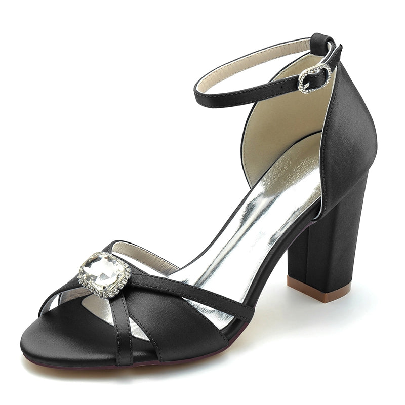 Royal Blue Square Rhinestone Bridal Shoes for Women with Open Toe and Block Heel