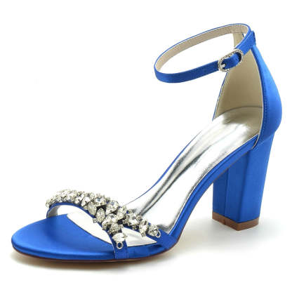 Bridal Shoes for Women with Rhinestone Strap Buckle Open Toe and Block Heel