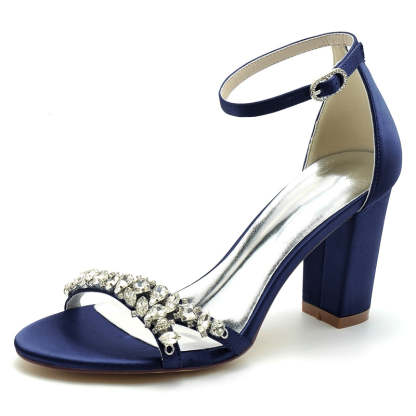 Bridal Shoes for Women with Rhinestone Strap Buckle Open Toe and Block Heel