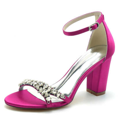 Bridal Shoes for Women with Rhinestone Strap Buckle Open Toe and Block Heel